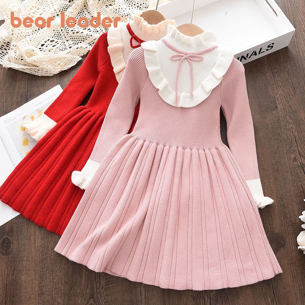 Đầm sweater BEAR LEADER tay dài đính nơ nhỏ thời trang thu đông cho bé gái 4-8 tuổi