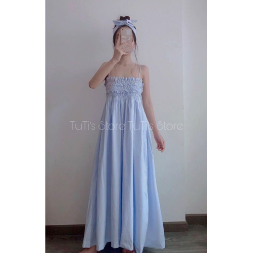 Đầm MAXI 2S xanh bo thun ngực