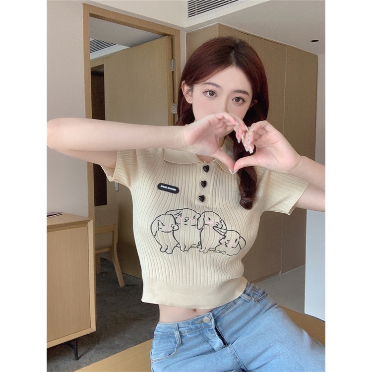 Porozi  Áo croptop  dệt kim tay ngắn cổ polo thêu họa tiết thời trang Hàn Quốc cho nữ