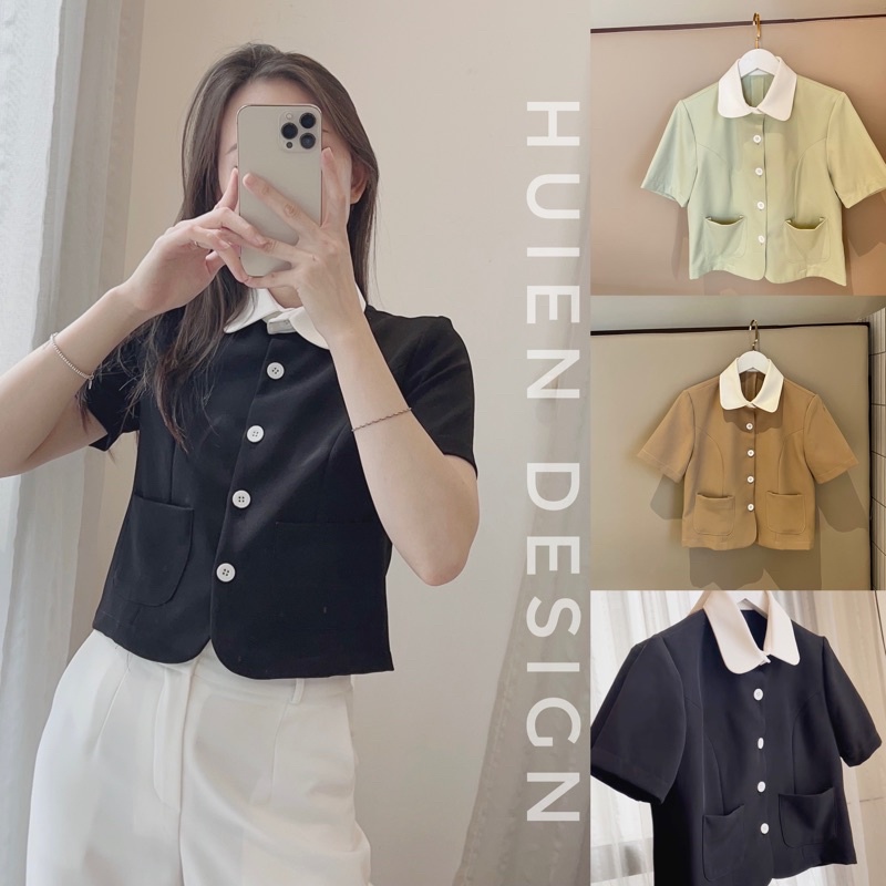 Áo khoác blazer nữ 1 lớp dáng ngắn tay ngắn thiết kế cổ Đức Huien Design thời trang công sở áo vest nữ form ôm