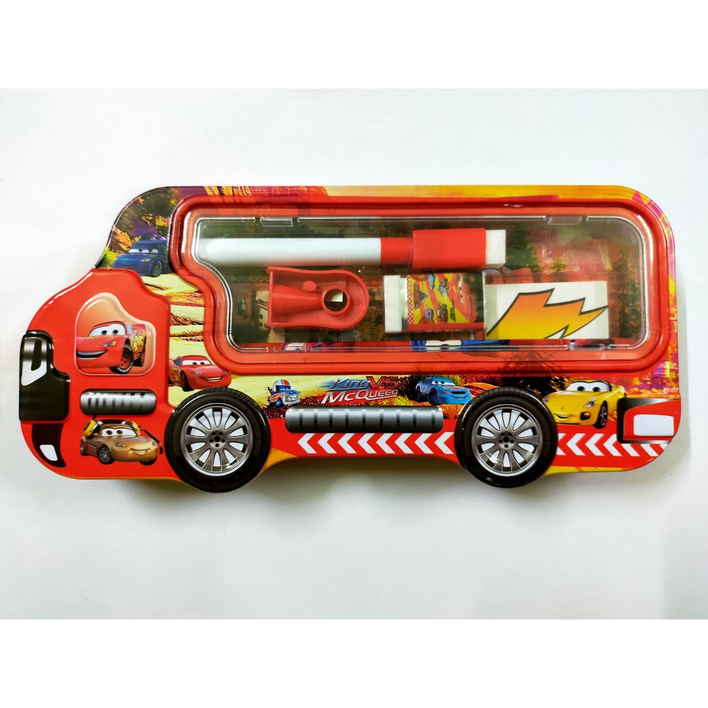 Hộp bút sắt hình ô tô 2 ngăn in hình Doreamon,siêu nhân,người nhện xe hơi,elsa,công chúa,chuột mickey
