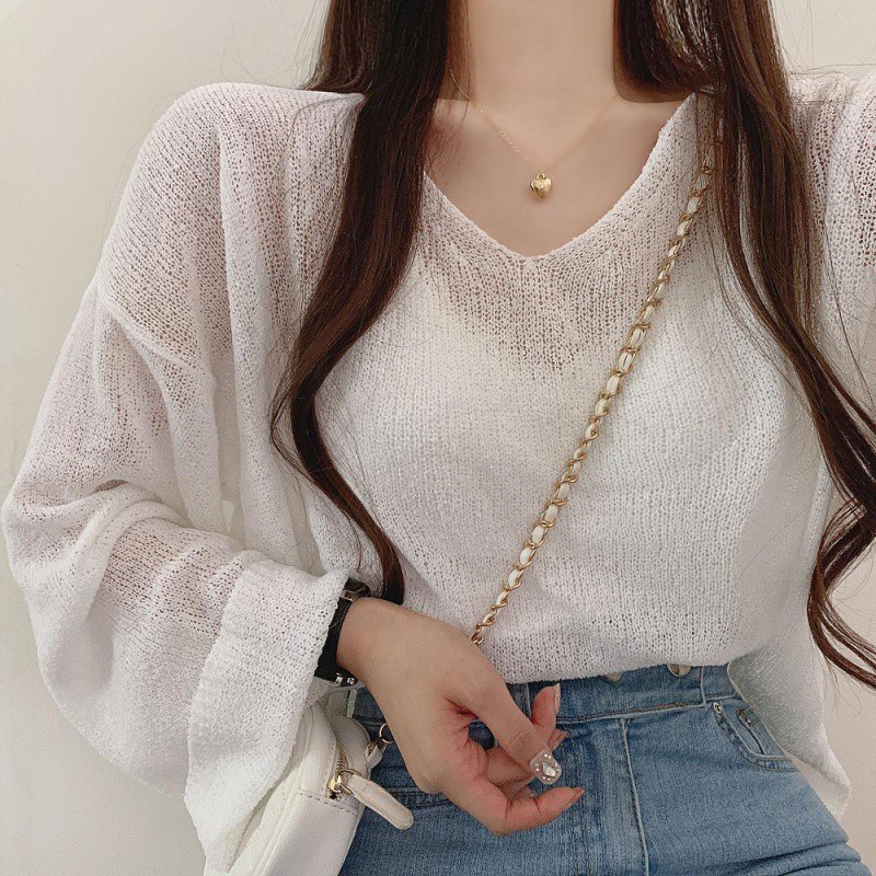 Korean Ice Silk Sweater Hollow Thin Blouse Sun Shirt Sense of DesigninsBackless Women's Long SleevevCollar Transparent Top