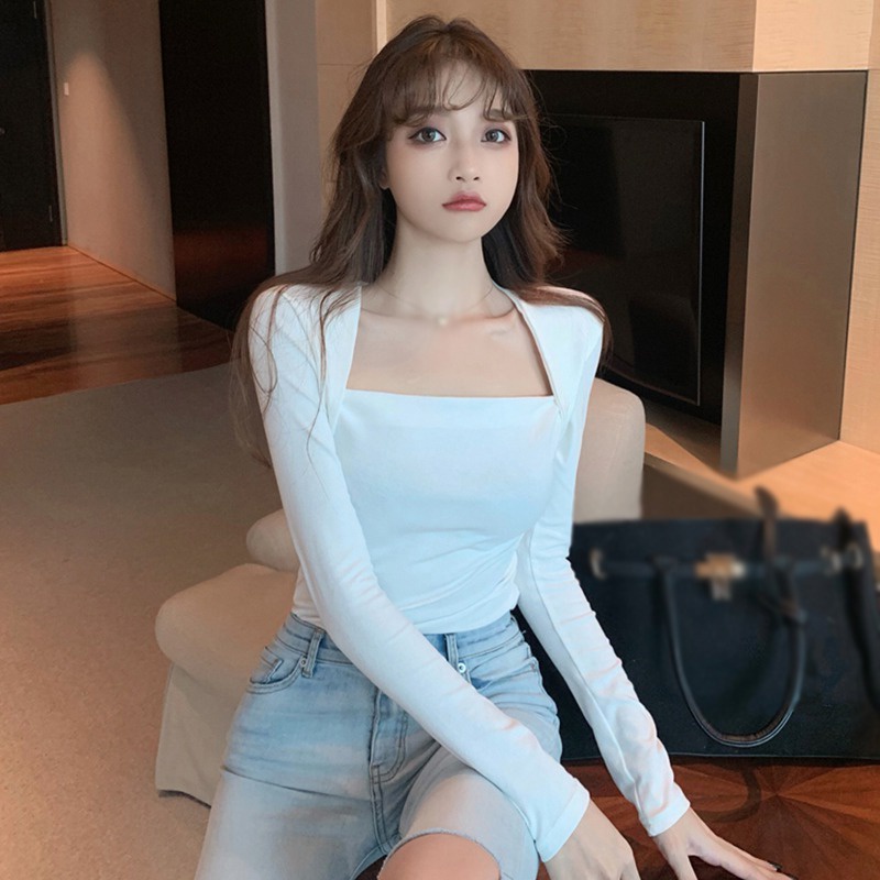 Áo Thun Tay Dài Cổ Vuông Màu Sắc Đơn Giản Phong Cách Hàn Quốc