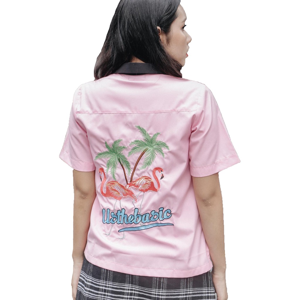 Usthebasic - [Shopee Exclusive] Áo sơ mi Unisex Embroidered Short Sleeves Flamingo Back