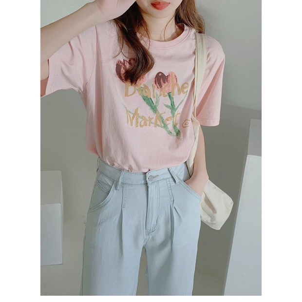 Áo thun nữ cotton in hình hoa tulip thời trang, áo thun nữ trẻ trung