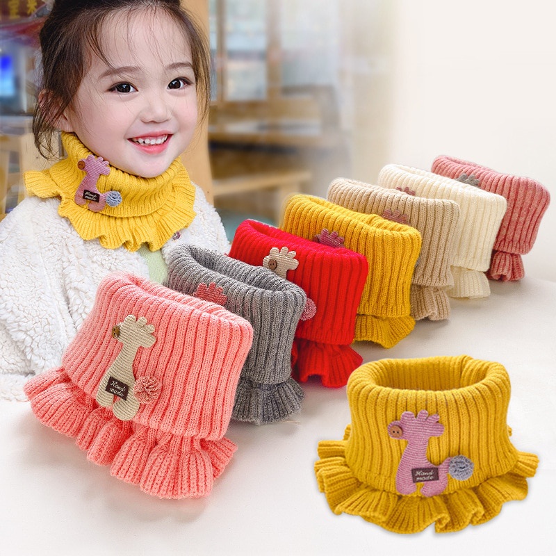 Khăn choàng cổ dệt kim phối ren họa tiết hoạt hình thời trang thu đông cho bé