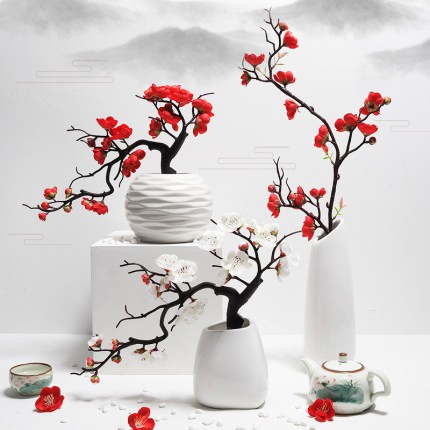 Cây giả, chậu cây đào bonsai kiểu dáng nghệ thuật để bàn trang trí nhà cửa tết