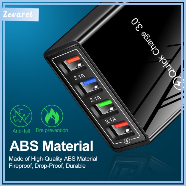 Củ Sạc Zevaret 12w 4 Cổng Usb 3a Phích Cắm Us / Eu / Uk Màu Đen Chất Lượng Cao