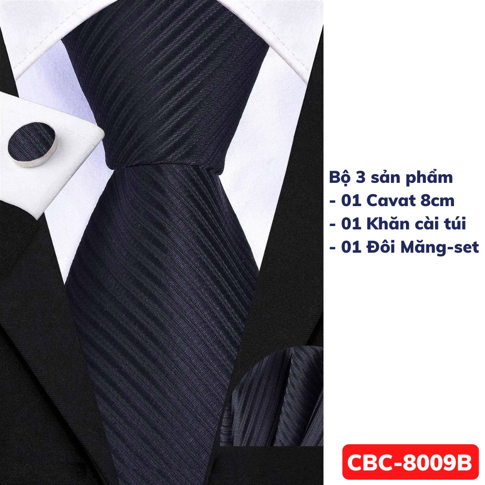 Bộ 3 món Cà vạt 8cm, Khăn cài túi áo vest, Măng-set cài tay, Cravat công sở, Calavat chú rể CBC-8009