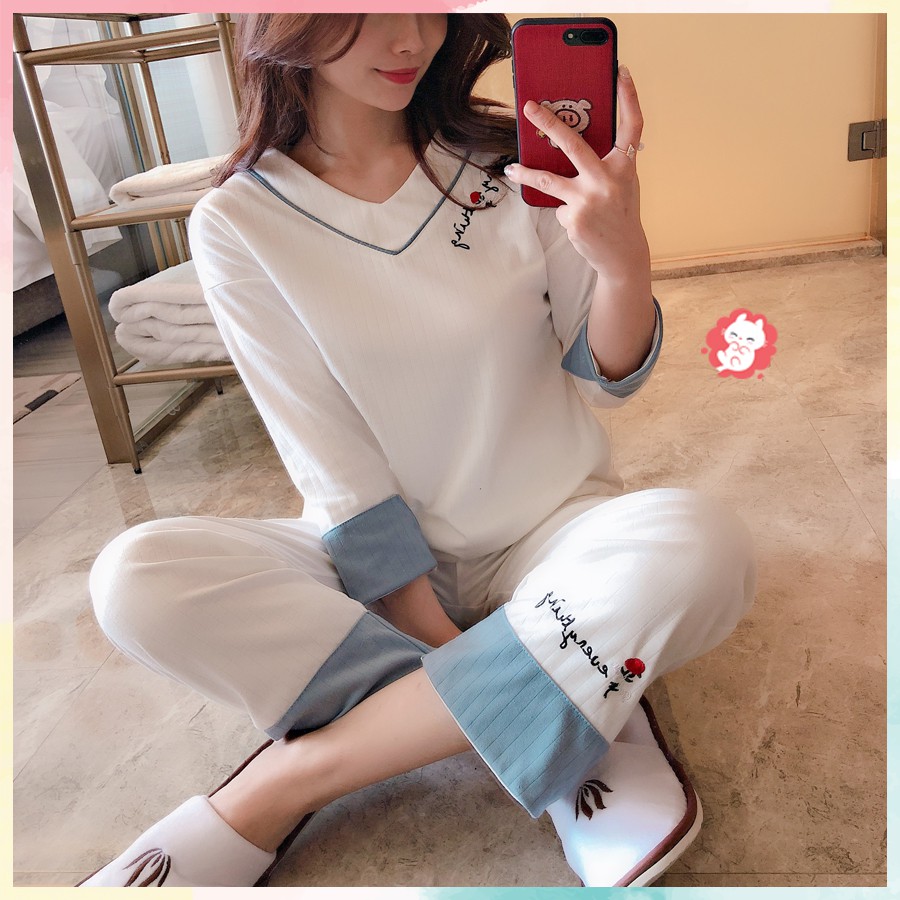 [Mã FASHIONGREEN15 giảm tới 30K đơn 99K] Bộ đồ ngủ dài tay thêu hoa dễ thương [BD03 | BigBuy360 - bigbuy360.vn