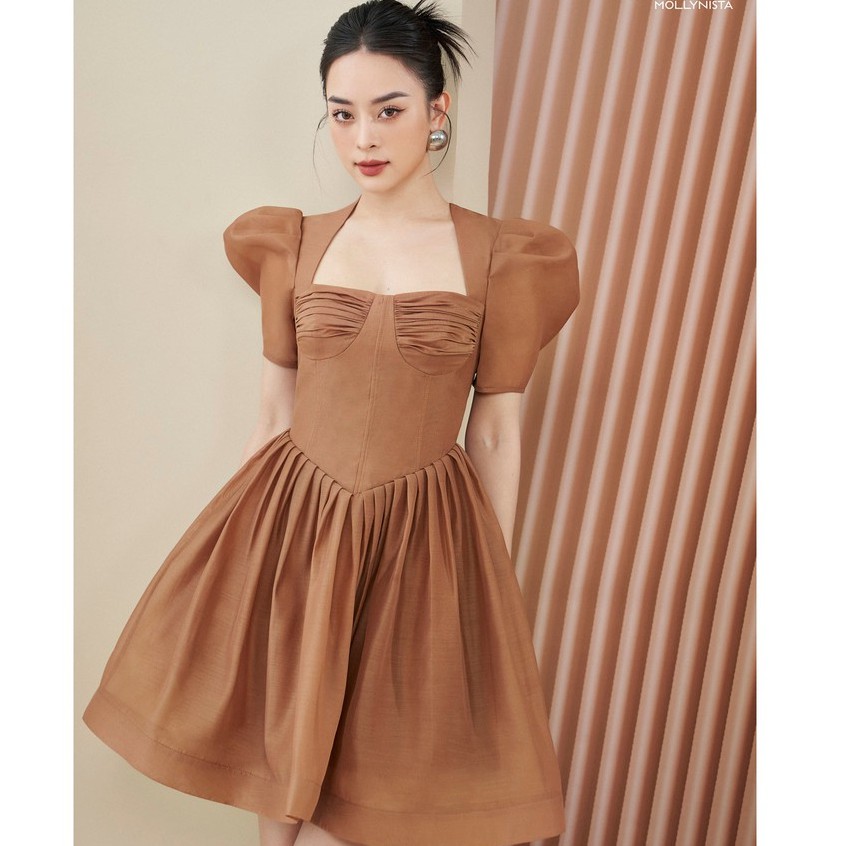 MOLLYNISTA (SALE 53%) - Đầm Choco organza cúp nhúm tay phồng tiểu thư quyến rũ nữ tính thiết kế cao cấp đi chơi đi tiệc