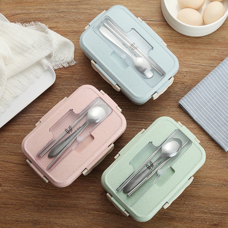 HỘP ĐỰNG CƠM WHEAT LUNCH BOX ( LÚA MẠCH ) 3 NGĂN KÈM ĐŨA THÌA CAO CẤP | BigBuy360 - bigbuy360.vn