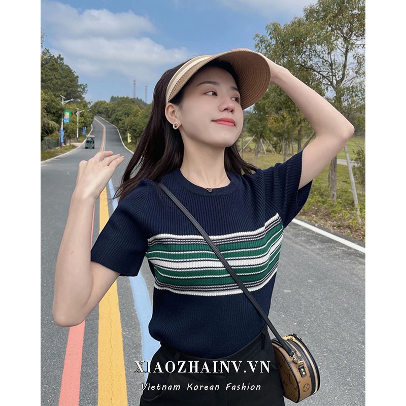Áo sweater nữ Xiaozhainv dệt kim tay ngắn dáng ôm kẻ sọc đơn giản thời trang mùa hè