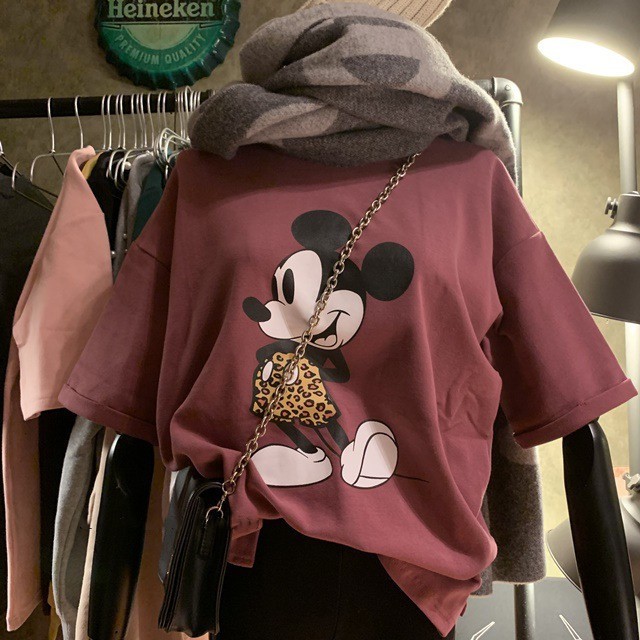Áo thun hàng quảng châu form rộng giấu quần in họa tiết chuột mickey da báo
