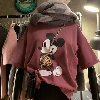 Áo thun hàng quảng châu form rộng giấu quần in họa tiết chuột mickey da báo