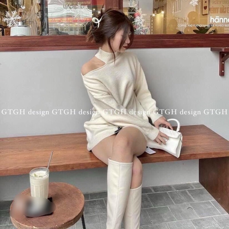 áo len dệt kim dáng dấu quần lệch vai