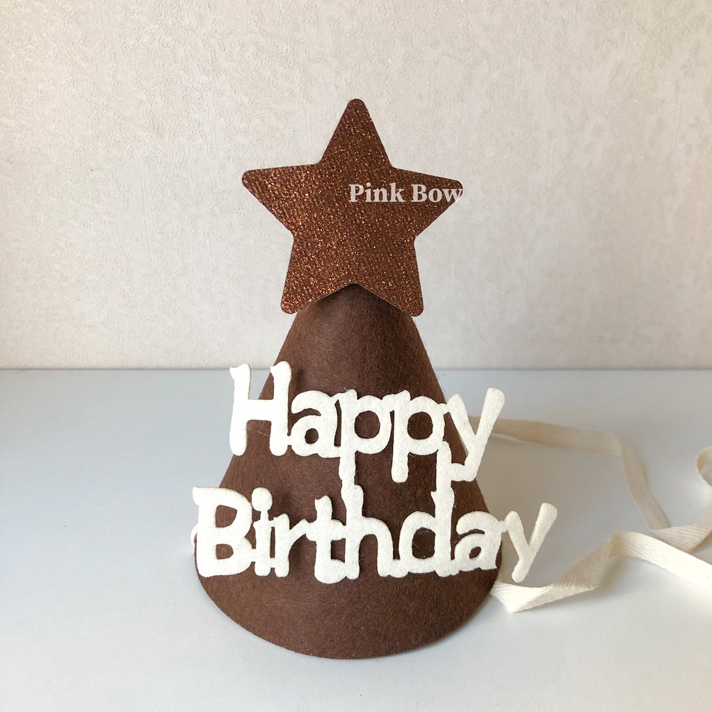 Nón sinh nhật có chữ HPBD chất Nỉ Hàn Quốc 4 màu NÂU/HỒNG/VÀNG/TRẮNG ĐEN có quai deo