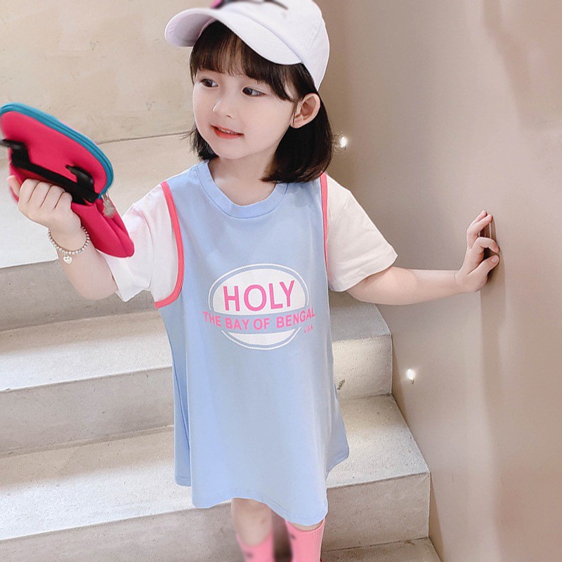 Đầm Thun Giả Hai Lớp In Chữ Phong Cách Hàn Quốc Thời Trang Mùa Hè Mới Cho Bé Gái