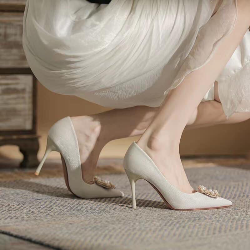 H167: Giày cao gót công sở tag đá vuông gót nhọn 9cm