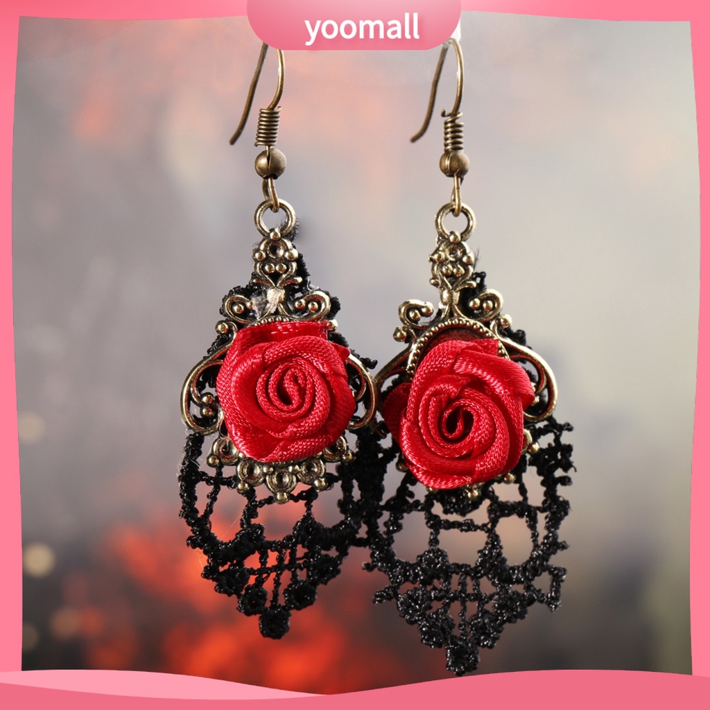 Đôi bông tai ren đen đính hoa hồng đỏ phong cách vintage thời trang dành cho nữ