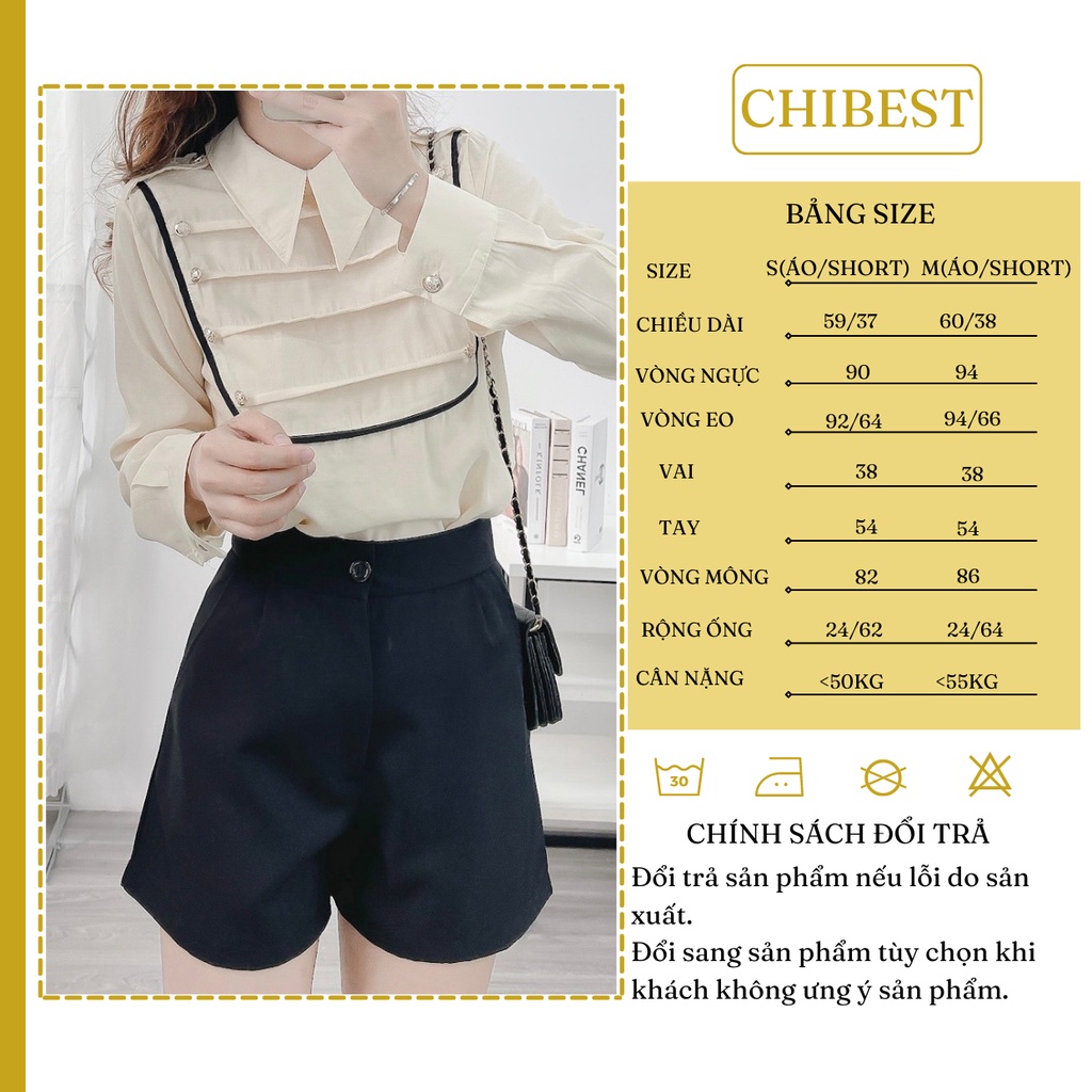 Set áo sơ mi kiểu xếp ly ngực đính nút chạy viền tay dài kèm quần short đen  CHIBEST ASB711
