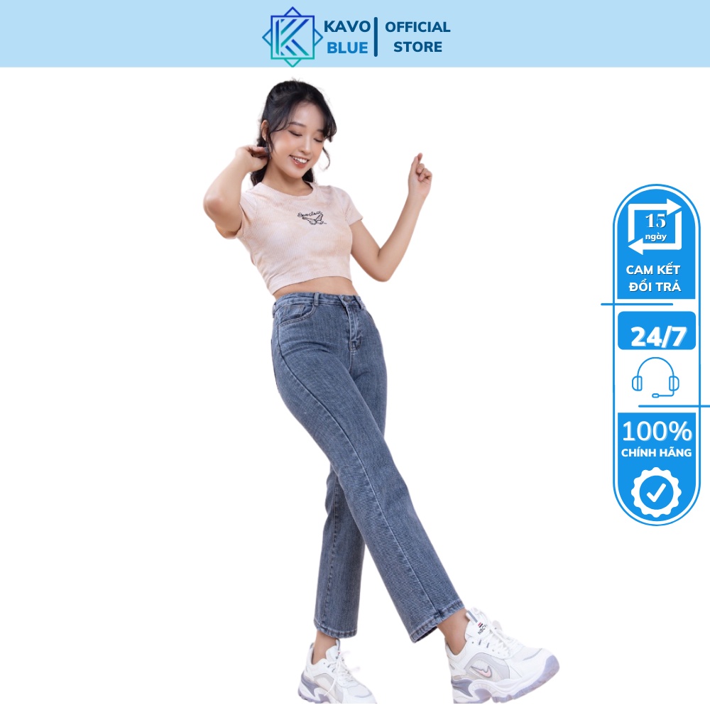 Quần Jeans Nữ Ống Đứng Ghi Đá Co Giãn Hàn Quốc KAVO BLUE Lưng Cao Ống Suông D61