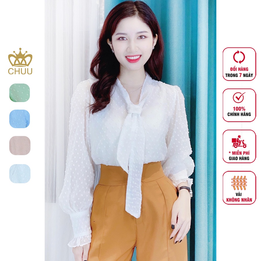 Áo sơ mi thắt nơ vải bông tuyết tay phồng CHUU A5603