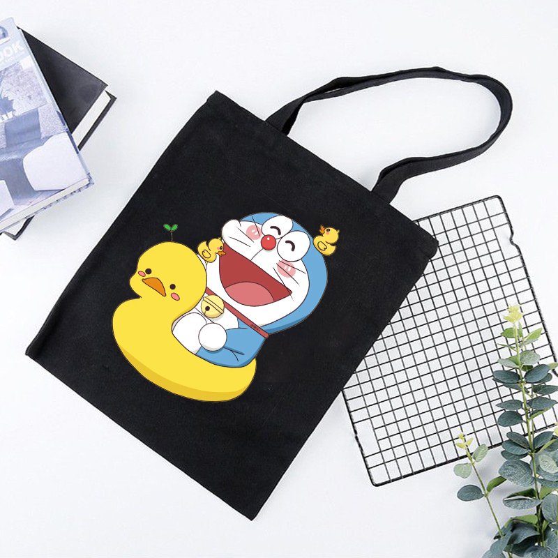 Túi tote vải đen đeo vai DORAEMON CUTE MÈO MÁY THÔNG MINH phong cách in hình anime chibi dễ thương thời trang