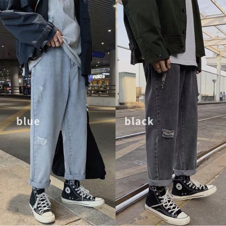 Quần Jean Baggy Nam Rách Gối Màu Xanh Và Màu Đen Ống Rộng Hàn Quốc Hot Trend 2020-B04 !