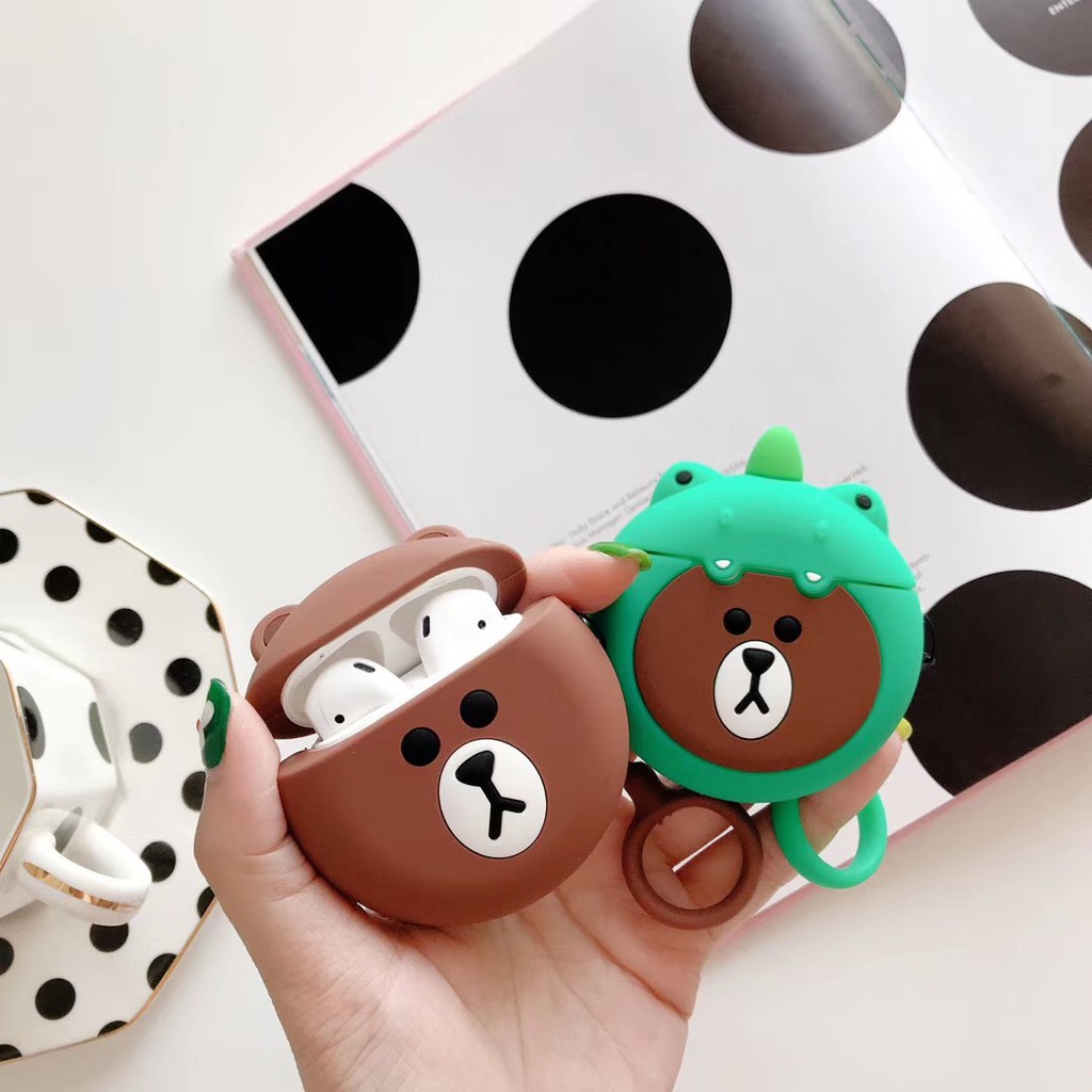 Stocks❤Dino Brown Bear 3D Apple Airpods 1/2Genereation Earphone Charger protector silicone case Hostel