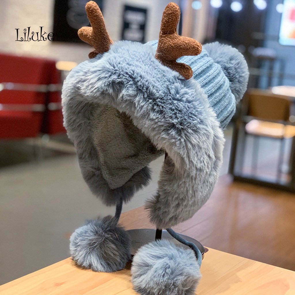 Mũ Trùm Đầu Phối Lông Hình Sừng Hươu Dễ Thương Cho Nữ