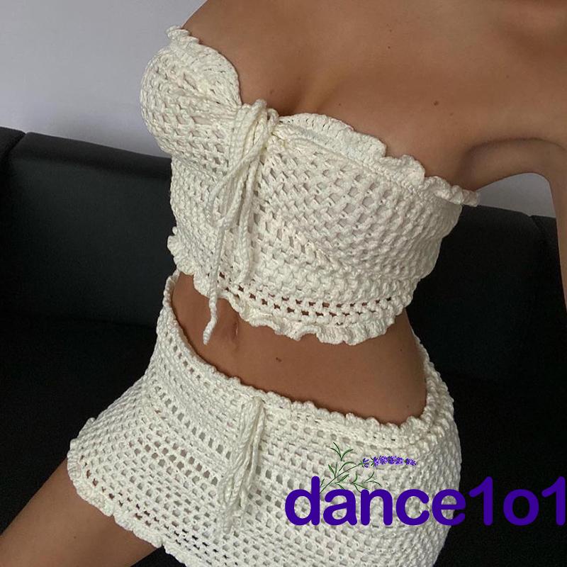 dance1o1-Women Solid Color Backless Strapless Tops+Hollow-Out Ruffled Short Skirt