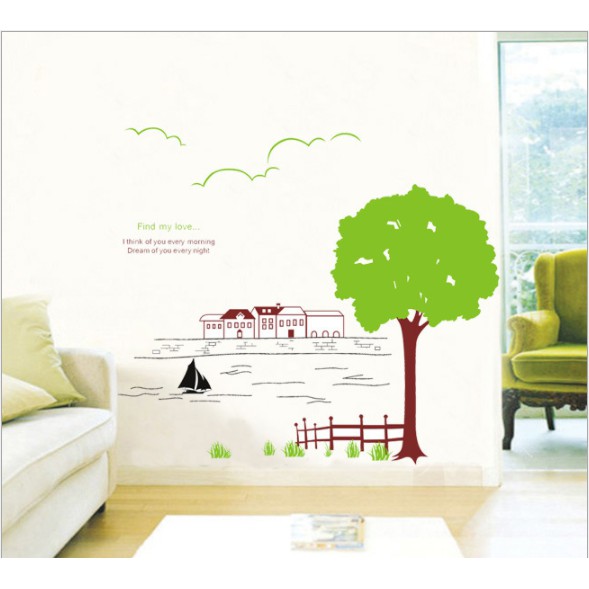 Decal trang trí cây xanh lớn và dòng sông mẫu mới