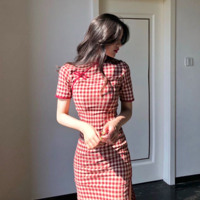 //SỈ BẰNG LẺ //Đầm Sườn xám kẻ karo đỏ ôm  trung hoa cổ điển nữ đi chơi dự tiệc xinh đẹp