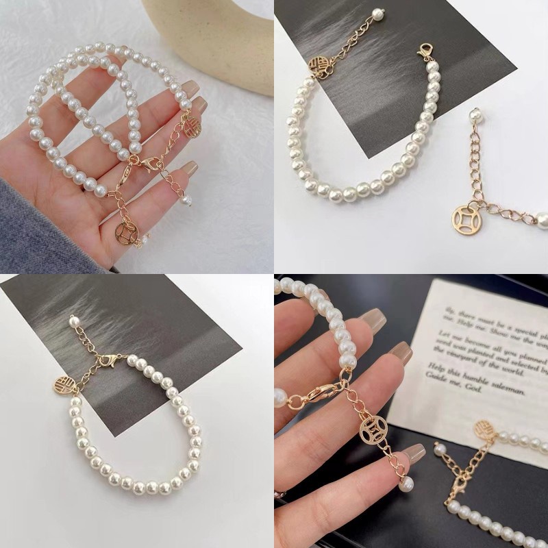 Vòng Tay May Mắn Mạ Vàng Đính Ngọc Trai Phong Cách Hàn Quốc Thời Trang Cho Nữ