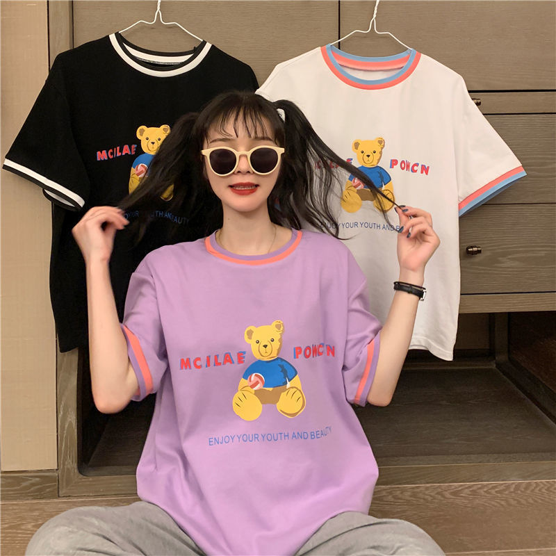 Áo thun ngắn tay dáng rộng in hình gấu kiểu Hồng Kông cá tính cho nữ