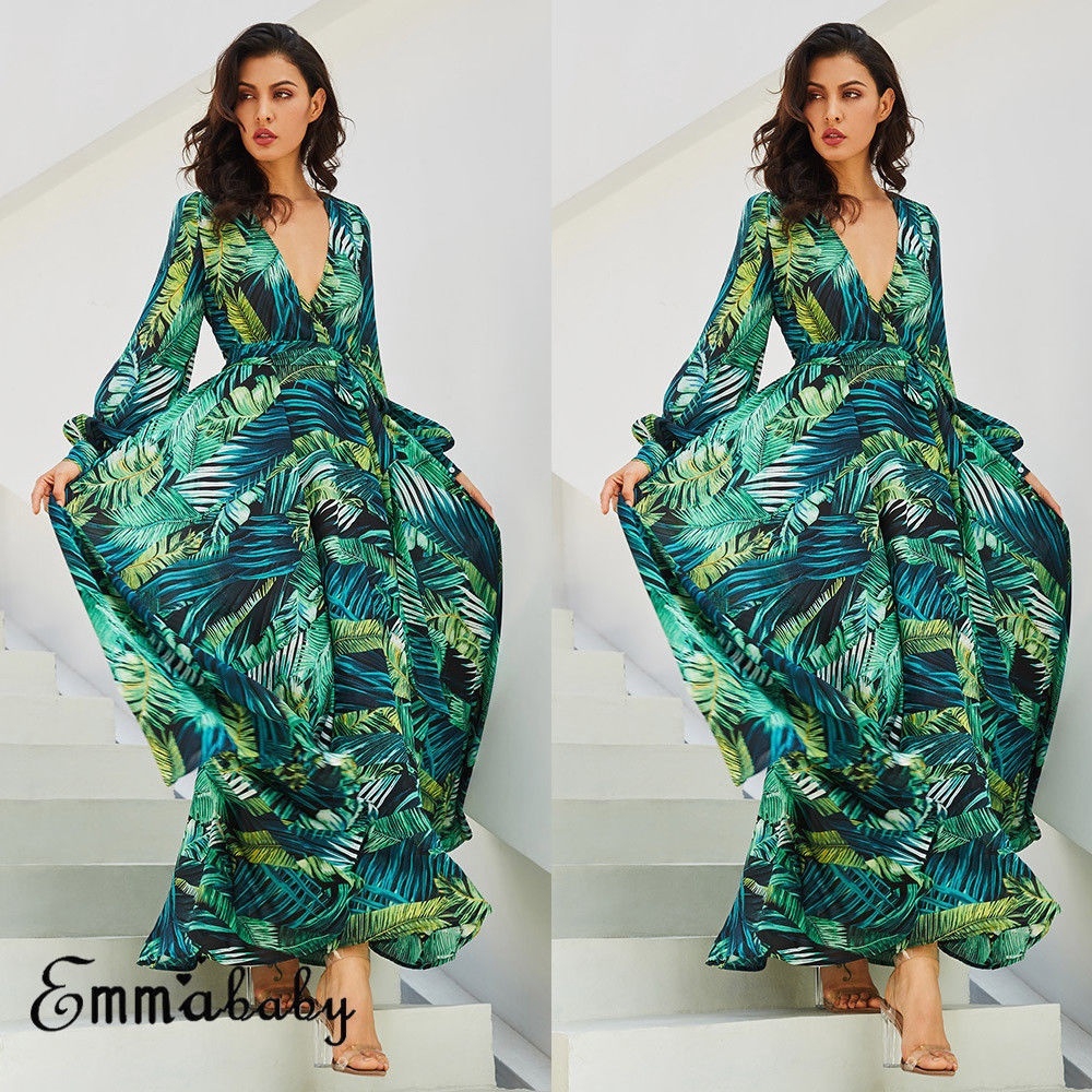 Đầm dáng rộng tay dài cổ chữ V in hoa thời trang dành cho nữ