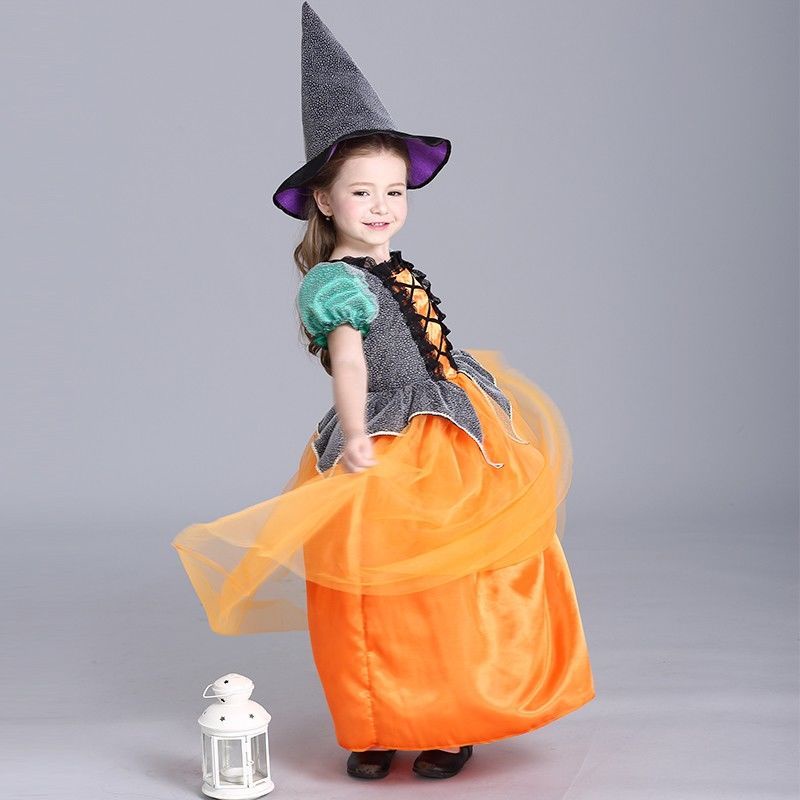 Đầm Hóa Trang Halloween Nhân Vật Phù Thủy Bí Ngô Cỡ 90-160 Cho Bé Gái