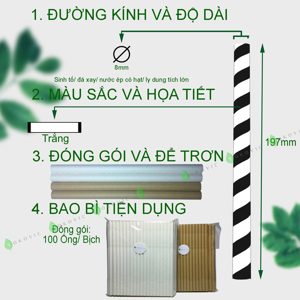 Ống Hút Giấy Phi 8 [100 ống] Màu Trắng Yokovic - Ống hút giấy YKV007 bảo vệ môi trường dùng để hút sinh tố, đá xay…