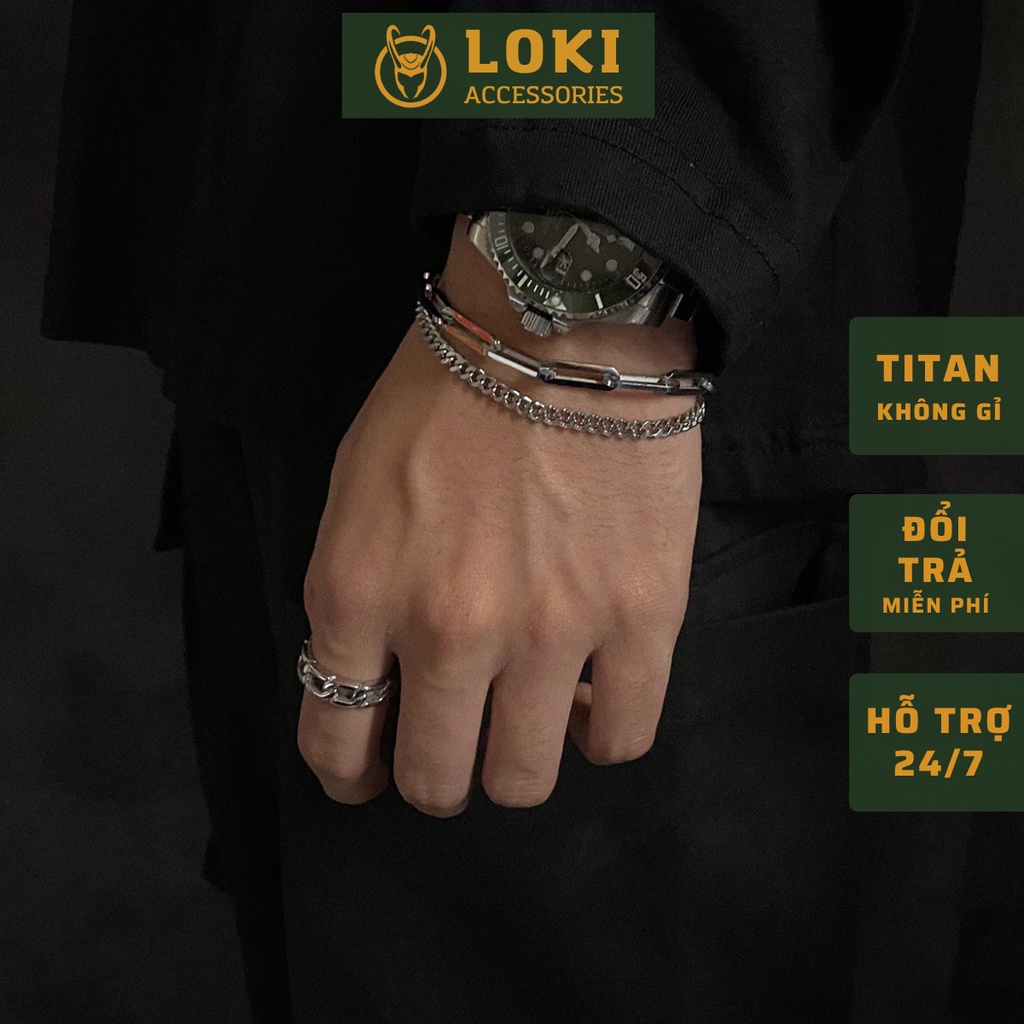 Vòng Tay Nam Dây Xích Kamenra Loki Accesories 2 Lớp Kèm Nhẫn Màu Bạc Đẹp Titan Không Gỉ - Lắc Tay Kamenra