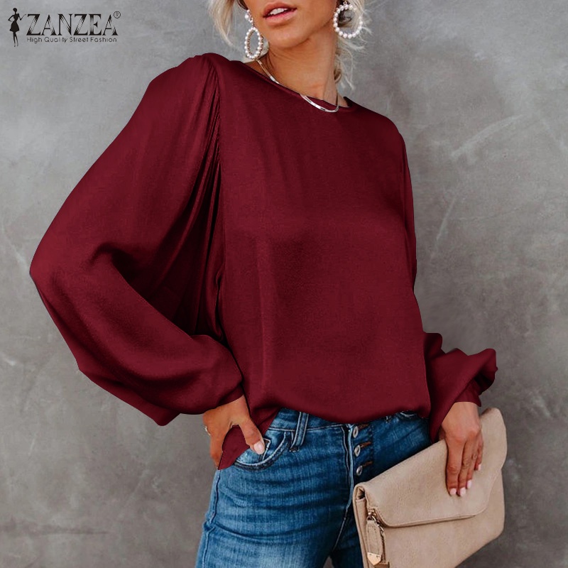 Áo kiểu Zanzea vải satin cổ tròn tay phồng dáng rộng thời trang dành cho nữ