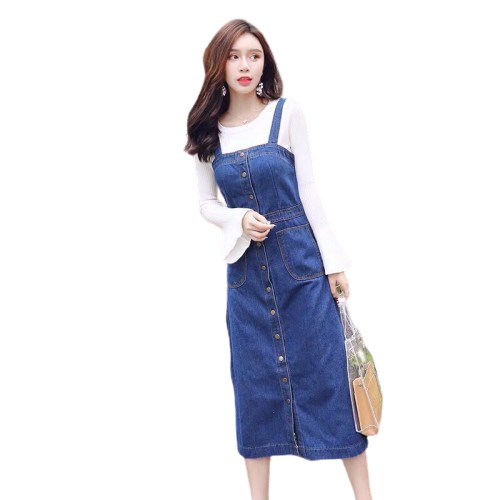 Yếm jean dài nút trước ngực 2 dây freesize