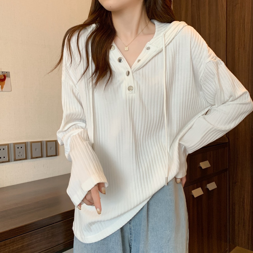 Áo Hoodie Mỏng Vải Nhung Dài Tay Cúc Bấm Kèm Mũ Siêu Xinh