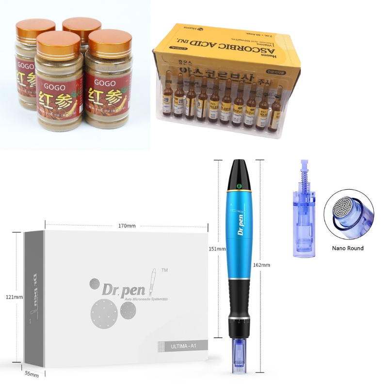 Combo Cấy Hồng Sâm Trắng Da Máy Phi Kim Dr Pen Xanh Hồng Sâm GoGo Vitamin C Hàn 2 Đầu Nano