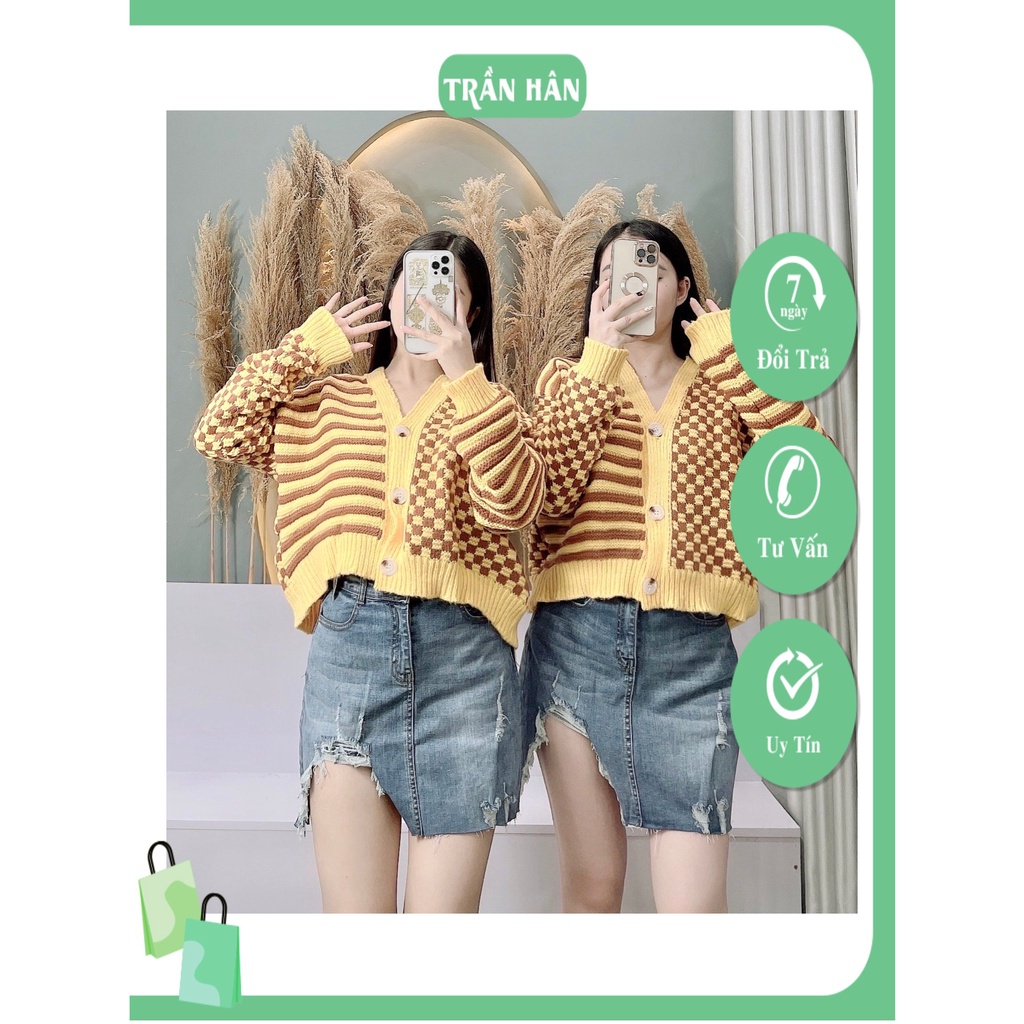 Áo khoác len vàng cadigan họa tiết  kẻ ngang pha kẻ ô style Hàn Quốc thời trang thu đông Trần Hân Shop  2005939