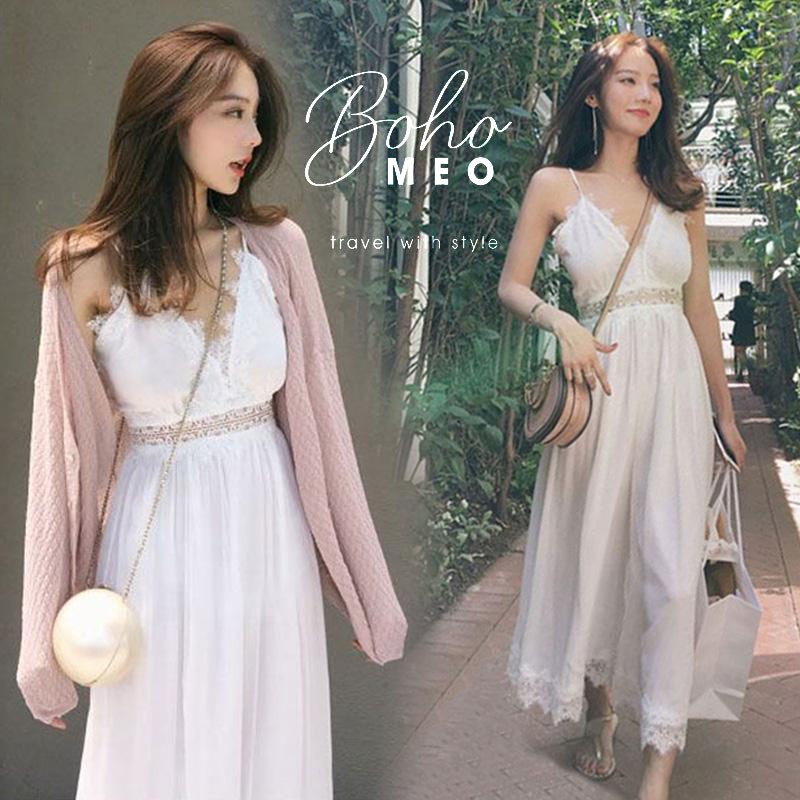 Jumpsuit dài trắng viền ren hoa eo