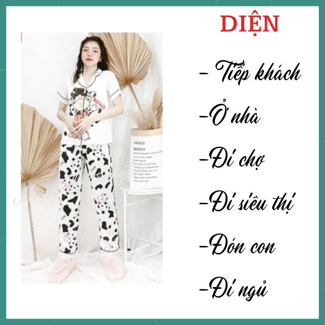 Đồ Bộ Ngủ Mặc Nhà Pijama Nữ Lụa Satin Cao Cấp Không Nhăn Họa Tiết Bò Sữa Tay Ngắn Quần Dài Vải Mềm Thấm Hút Mồ Hôi S M