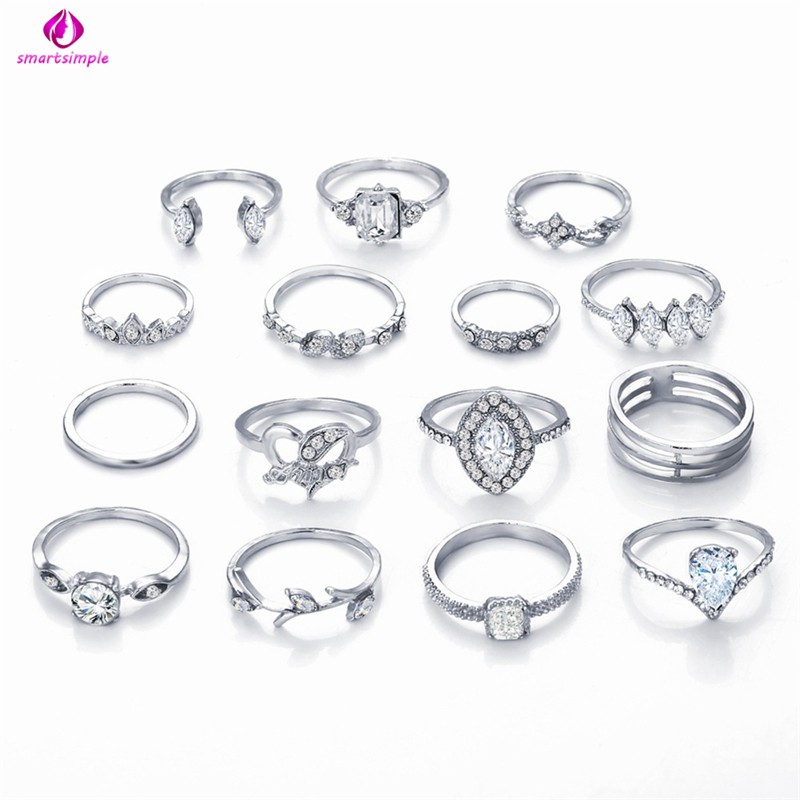 Set 15 nhẫn hợp kim đính đá phong cách Bohemian