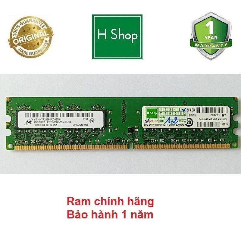 Ram PC DDR2 2GB bus 667 - 5300U, hàng tháo máy chính hãng, bảo hành 1 năm