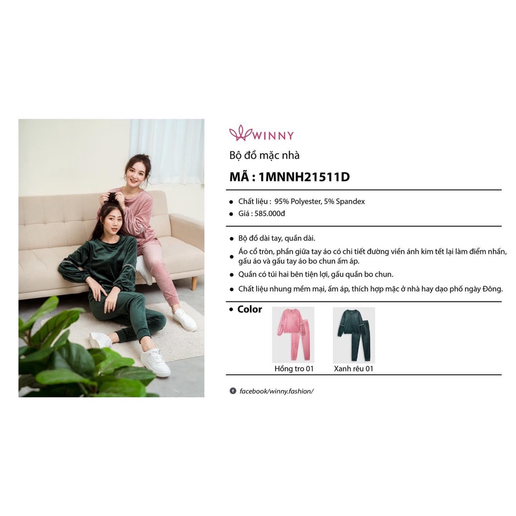 Bộ đồ mặc nhà WINNY cao cấp. Chất liệu Nhung mềm mịn, ấm áp. Thiết kế kiểu dáng dài trơn dáng tay phồng phối viền ở tay
